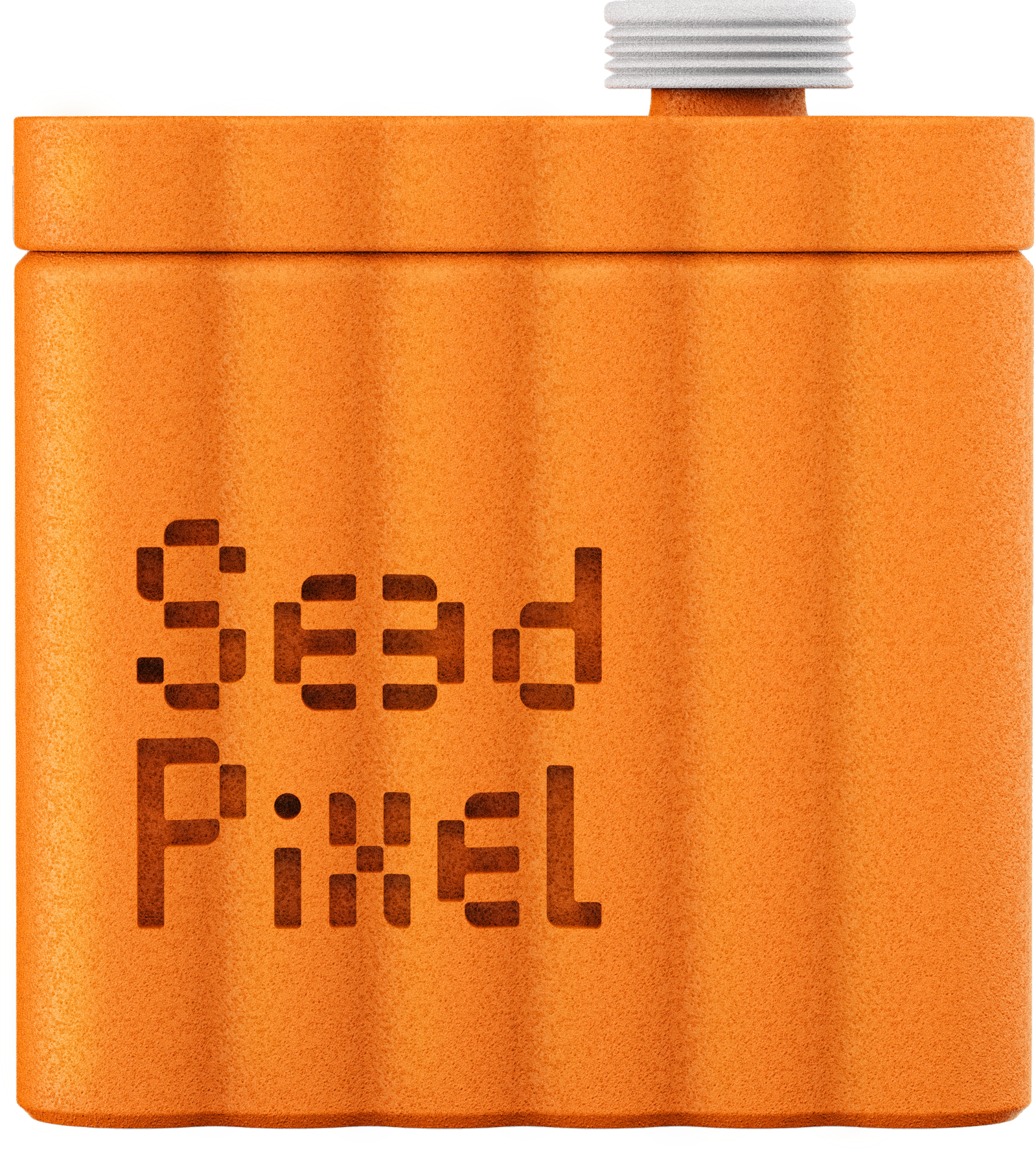 Orange SeedPixel micro pump with ribbed case, white cap, and Seed Pixel deboss.